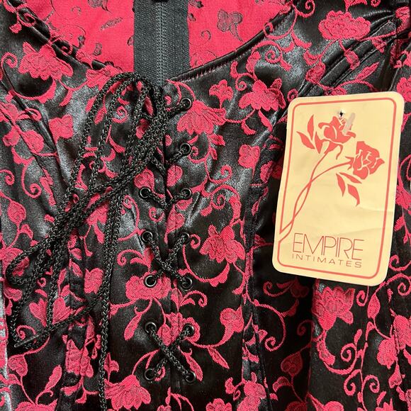 90s Empire Intimates Corset Top XL Red Brocade Black Floral Lace Up Lingerie New - Picture 8 of 8